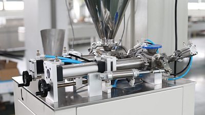 Вертикальная упаковочная машина Hualian DXDG-50II, подушка 68мм, 20-50 мл, нож прямой, полоски, насечка, подогрев бункера